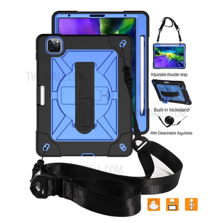 Kickstand Shock Proof Silicone + PC Hybrid Case with Shoulder Strap for iPad Pro 11-inch (2020)/(2018) - Black/Blue-2