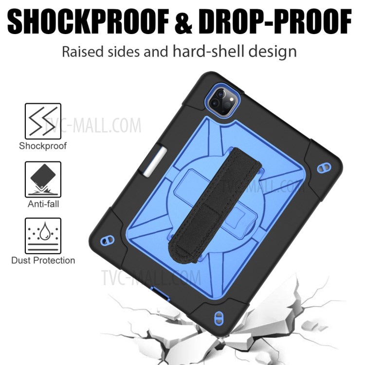 Kickstand Shock Proof Silicone + PC Hybrid Case with Shoulder Strap for iPad Pro 11-inch (2020)/(2018) - Black/Blue-4