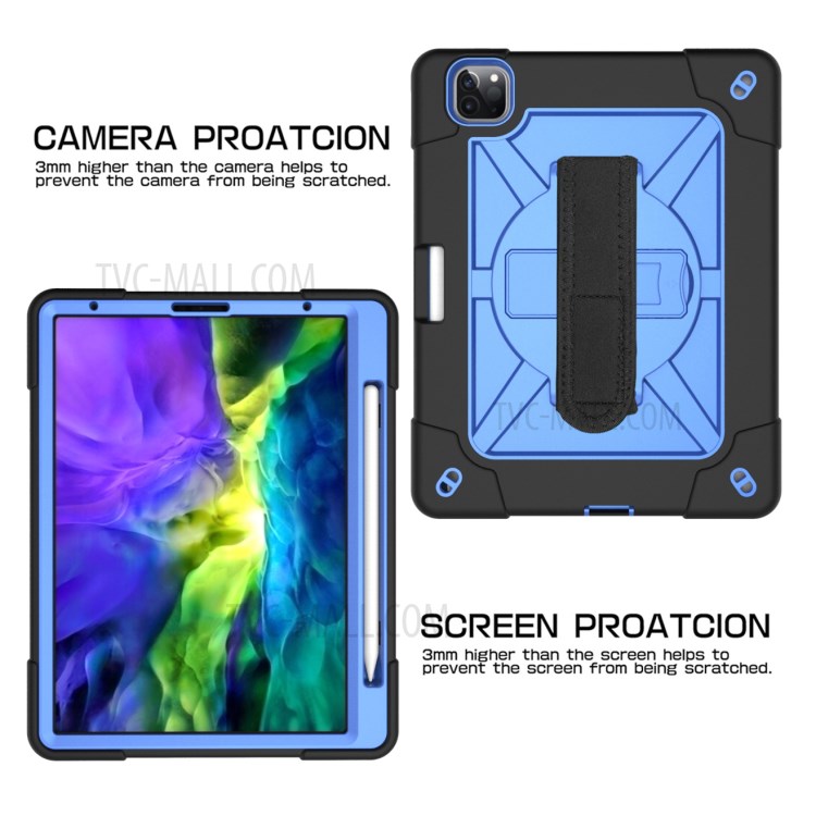 Kickstand Shock Proof Silicone + PC Hybrid Case with Shoulder Strap for iPad Pro 11-inch (2020)/(2018) - Black/Blue-6