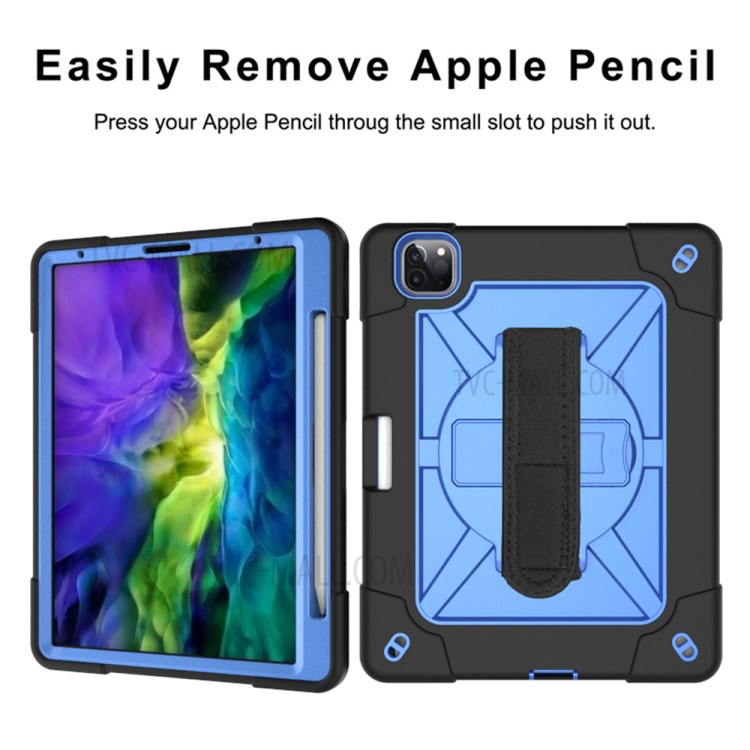 Kickstand Shock Proof Silicone + PC Hybrid Case with Shoulder Strap for iPad Pro 11-inch (2020)/(2018) - Black/Blue-7