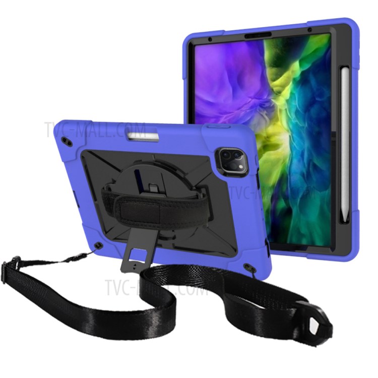 Kickstand Shock Proof Silicone + PC Hybrid Case with Shoulder Strap for iPad Pro 11-inch (2020)/(2018) - Dark Blue/Black-1