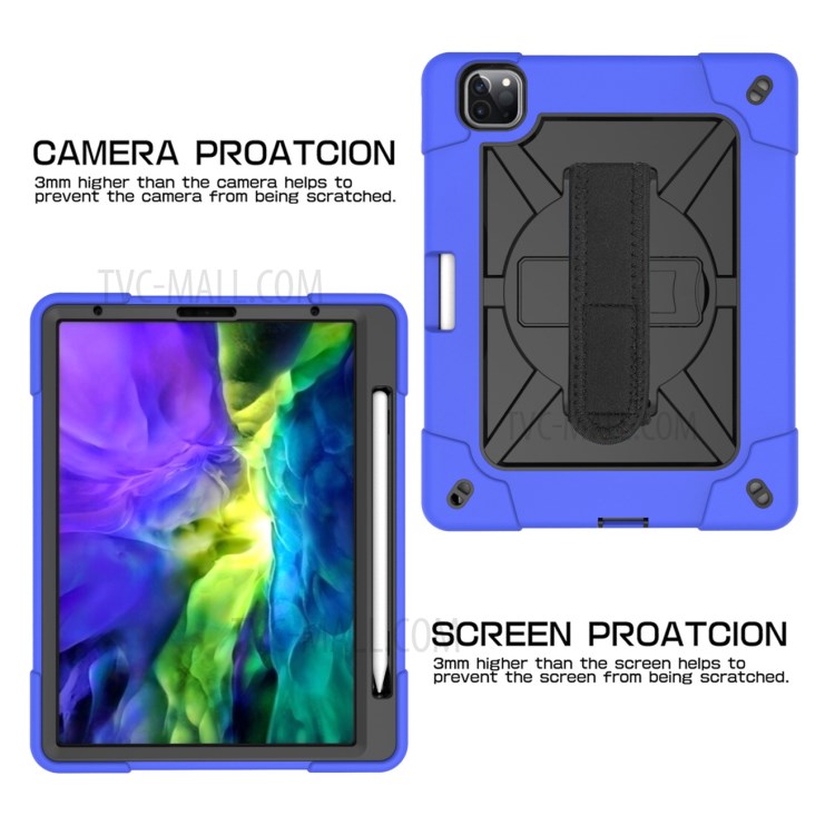 Kickstand Shock Proof Silicone + PC Hybrid Case with Shoulder Strap for iPad Pro 11-inch (2020)/(2018) - Dark Blue/Black-6