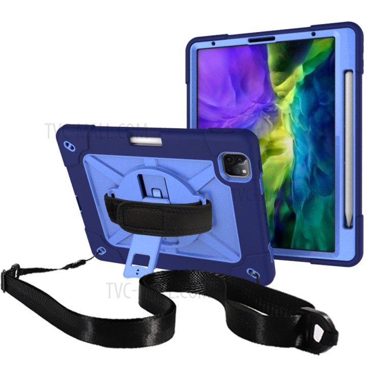 Kickstand Shock Proof Silicone + PC Hybrid Case with Shoulder Strap for iPad Pro 11-inch (2020)/(2018) - Navy Blue/Blue-1