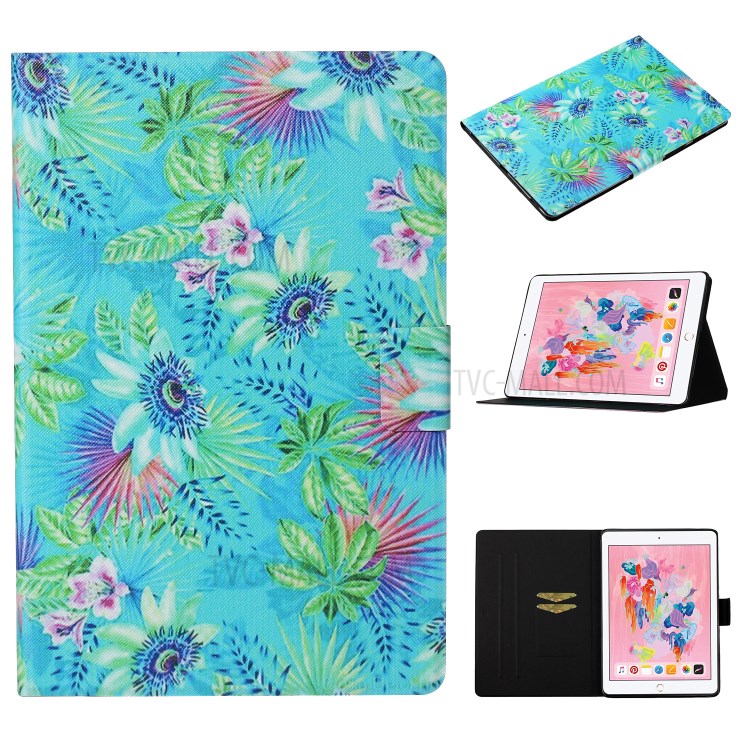 Characteristic Patterned Leather Stand Tablet Cover for iPad Air 2/(2013)/iPad 9.7-inch (2017)/(2018) - Flower/Leaf-1
