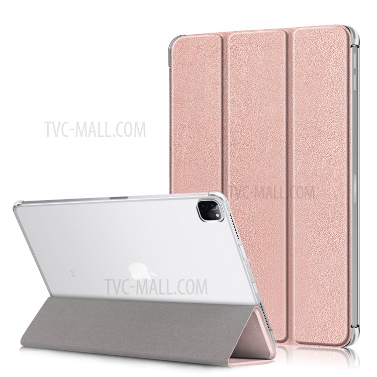 Litchi Skin PU Leather Tri-fold Stand Tablet Cover for iPad Pro 12.9-inch (2020) - Rose Gold-1