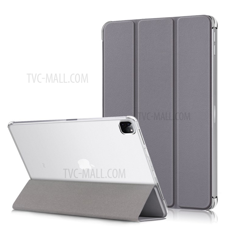 Litchi Skin PU Leather Tri-fold Stand Tablet Cover for iPad Pro 12.9-inch (2020) - Grey-1