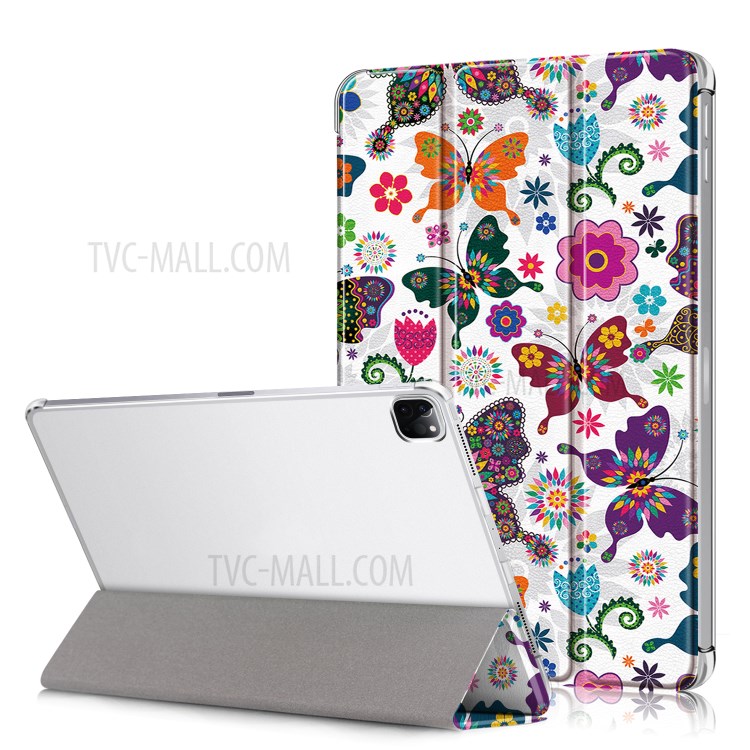 Pattern Printing Tri-fold Stand Leather Auto Wake/Sleep Tablet Case for iPad Pro 12.9-inch (2020)/(2018) - Butterfly and Flower-1