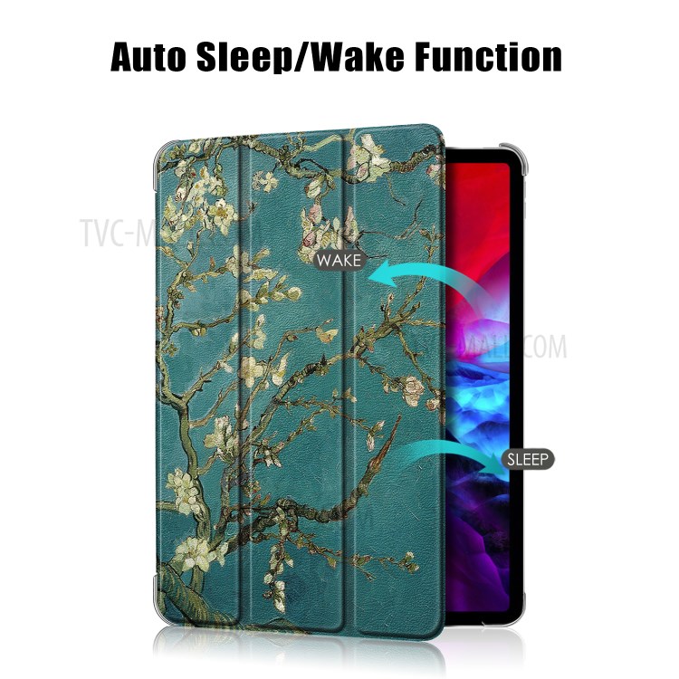 Musterdruck Dreifachfalz Stand Leder Auto Wach- / Schlaftablette Fall Für Ipad Pro 12,9-Zoll (2020) / (2018) - Geblümter Baum-2