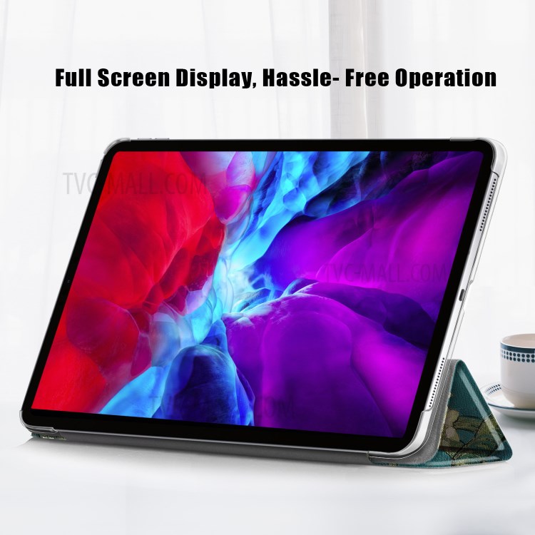 Musterdruck Dreifachfalz Stand Leder Auto Wach- / Schlaftablette Fall Für Ipad Pro 12,9-Zoll (2020) / (2018) - Geblümter Baum-4
