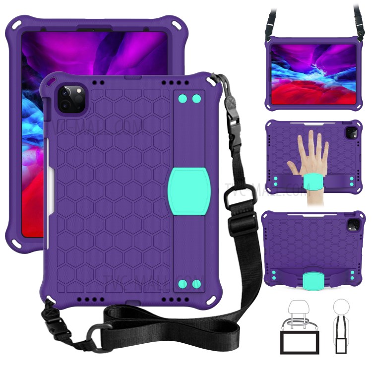Honeycomb Skin EVA Tablet Case with Shoulder Strap for iPad Pro 11-inch (2020)/(2018) - Purple / Cyan-1