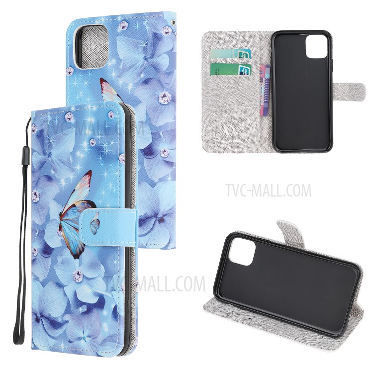 Pattern Printing Cross Texture Leather Wallet Cover with Strap for iPhone 11 6.1-inch - Butterfly and Flower-1