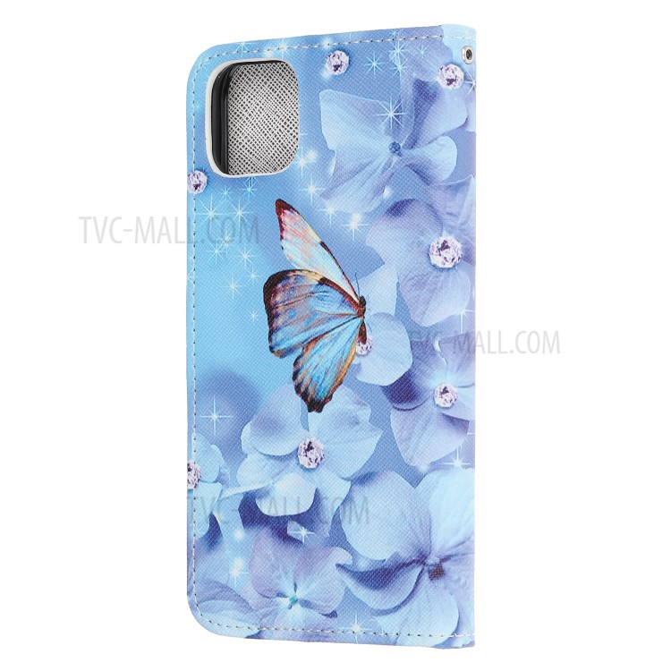 Pattern Printing Cross Texture Leather Wallet Cover with Strap for iPhone 11 6.1-inch - Butterfly and Flower-3