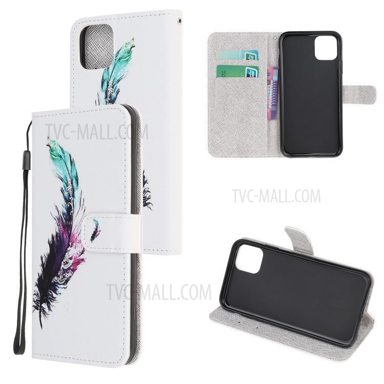 Pattern Printing Cross Texture Leather Wallet Cover with Strap for iPhone 11 6.1-inch - Feather-1