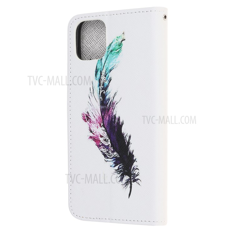 Pattern Printing Cross Texture Leather Wallet Cover with Strap for iPhone 11 6.1-inch - Feather-5