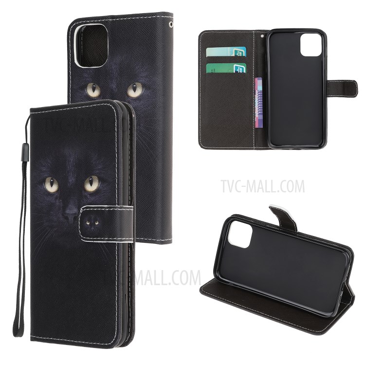 Pattern Printing Cross Texture Leather Wallet Cover with Strap for iPhone 11 Pro 5.8-inch - Cat Eyes-1