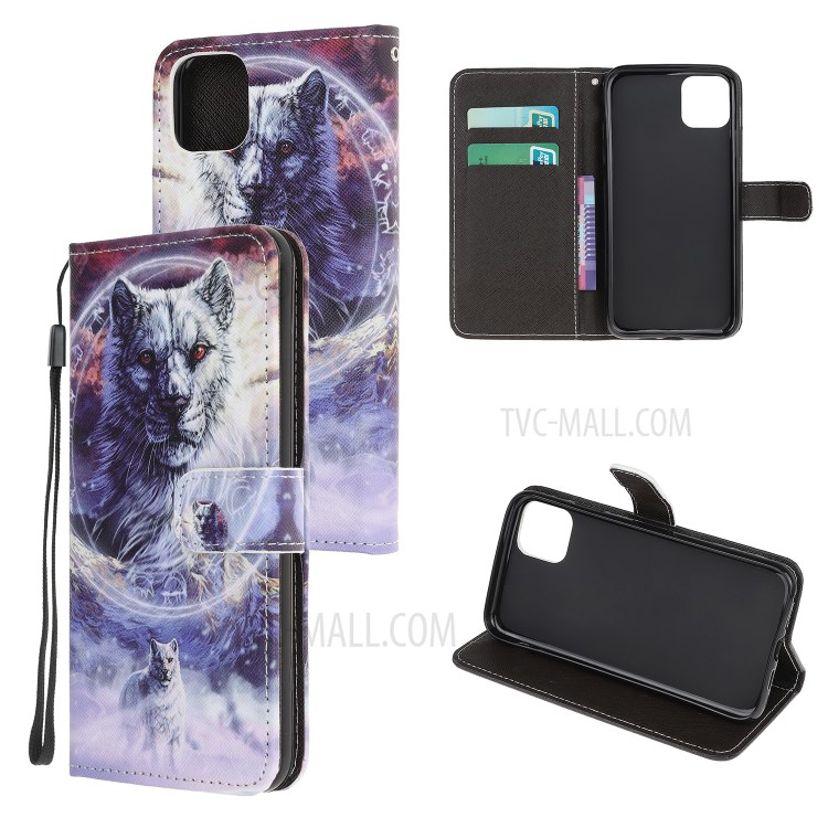Pattern Printing Cross Texture Leather Wallet Cover with Strap for iPhone 11 Pro 5.8-inch - Wolf-1