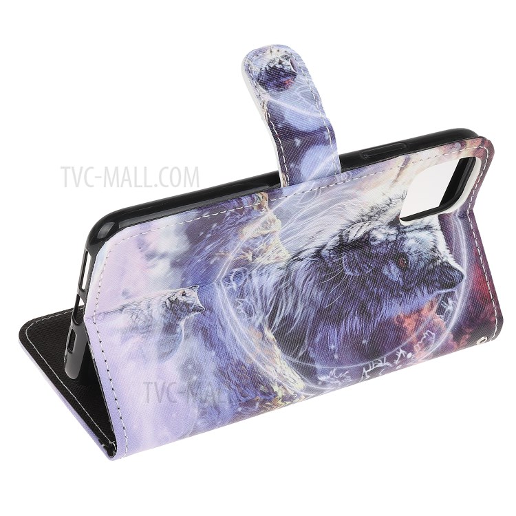 Pattern Printing Cross Texture Leather Wallet Cover with Strap for iPhone 11 Pro 5.8-inch - Wolf-4
