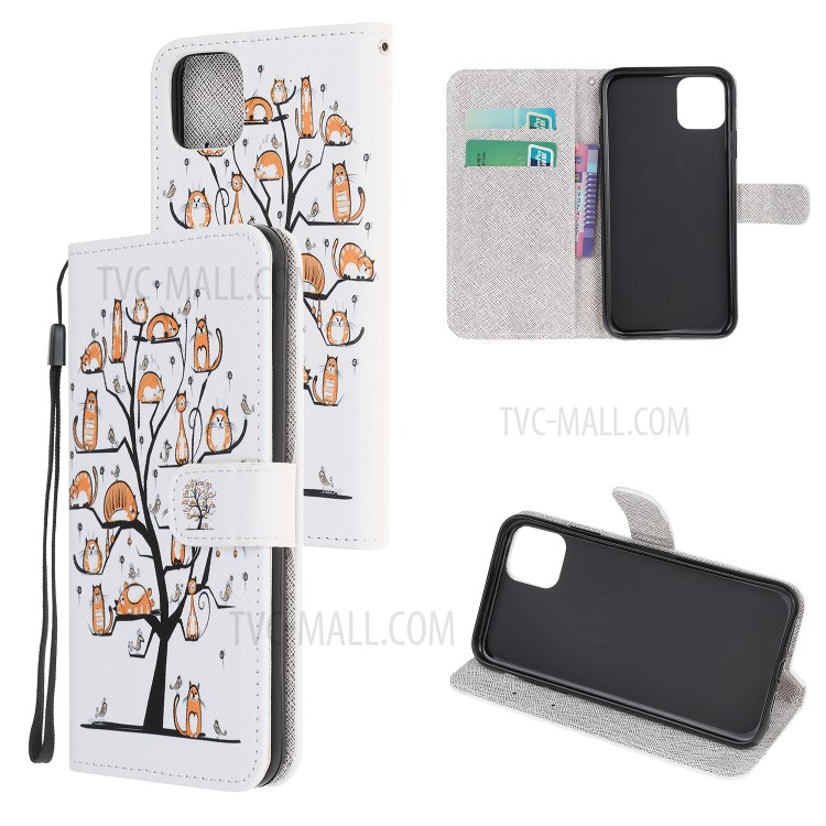 Pattern Printing Cross Texture Leather Wallet Cover with Strap for iPhone 11 Pro 5.8-inch - Cat and Tree-1