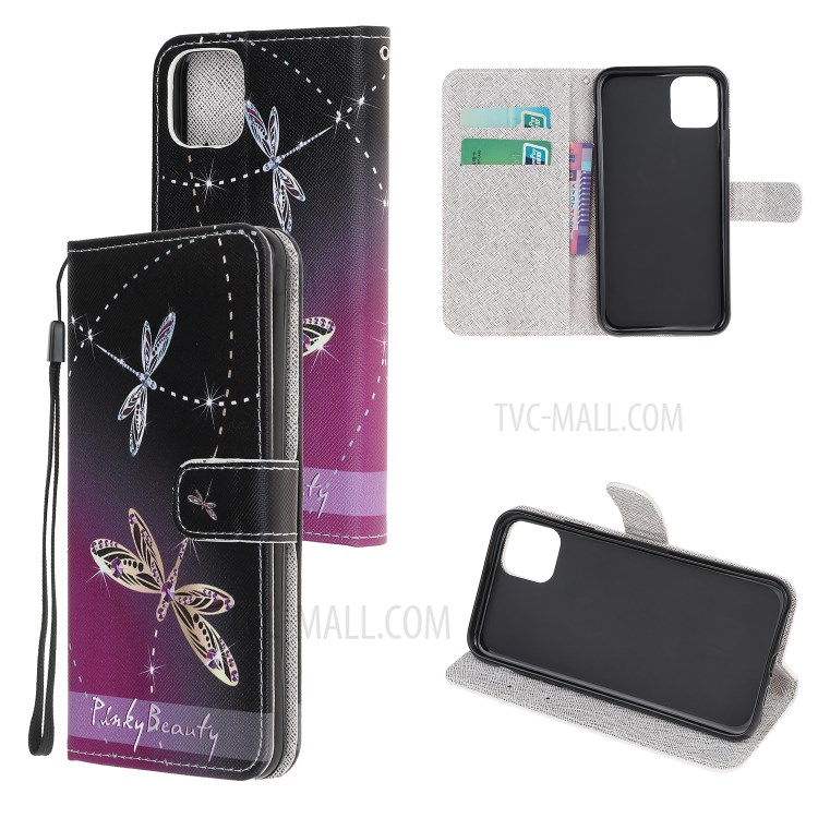 Pattern Printing Cross Texture Leather Wallet Cover with Strap for iPhone 11 Pro 5.8-inch - Dragonfly-1