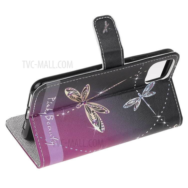 Pattern Printing Cross Texture Leather Wallet Cover with Strap for iPhone 11 Pro 5.8-inch - Dragonfly-4
