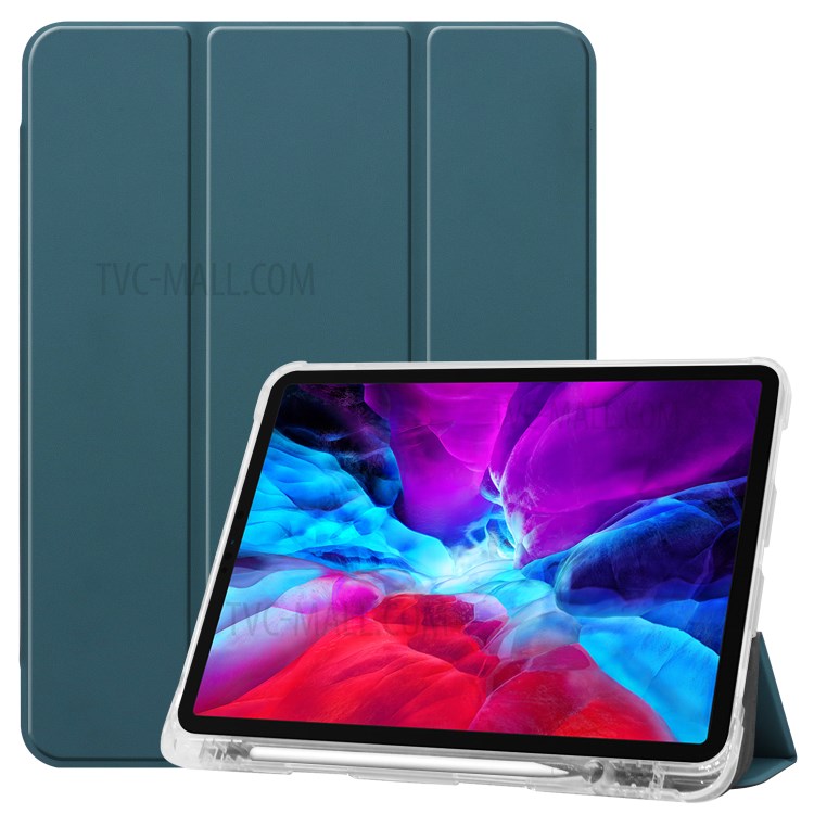 Tri-fold Stand Auto Wake/Sleep Leather Case with Pen Slot for iPad Pro 12.9-inch (2020)/(2018) - Blackish Green-1