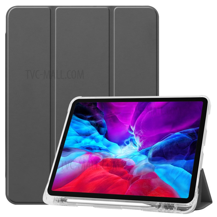 Tri-fold Stand Auto Wake/Sleep Leather Case with Pen Slot for iPad Pro 12.9-inch (2020)/(2018) - Grey-1