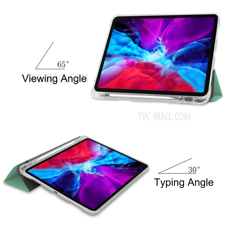 Tri-fold Stand Auto Wake/Sleep Leather Case with Pen Slot for iPad Pro 12.9-inch (2020)/(2018) - Cyan-3