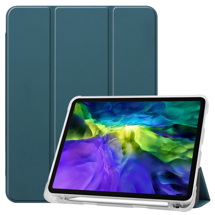 Tri-fold Stand Auto Wake/Sleep Leather Cover with Pen Slot for iPad Pro 11-inch (2020)/(2018) - Blackish Green-1