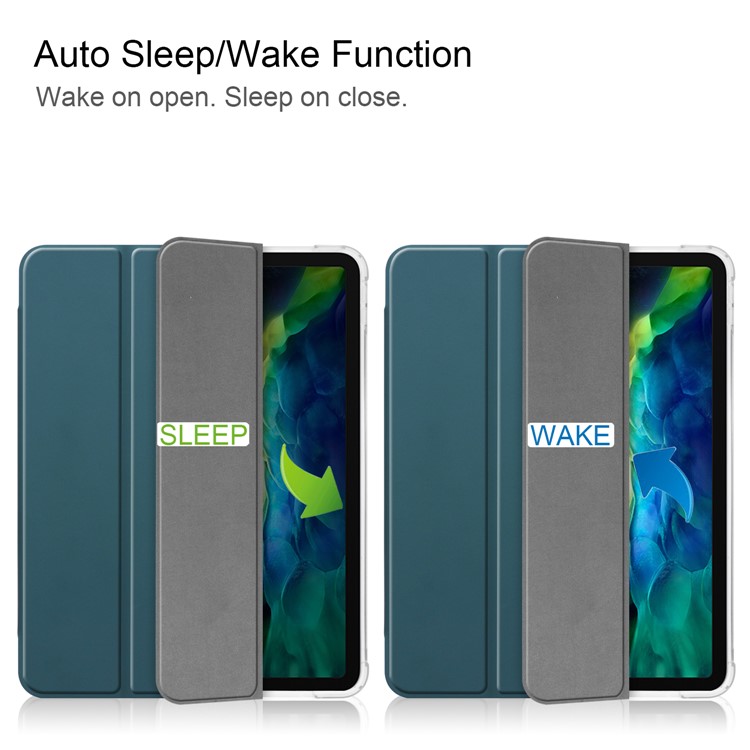 Tri-fold Stand Auto Wake/Sleep Leather Cover with Pen Slot for iPad Pro 11-inch (2020)/(2018) - Blackish Green-2