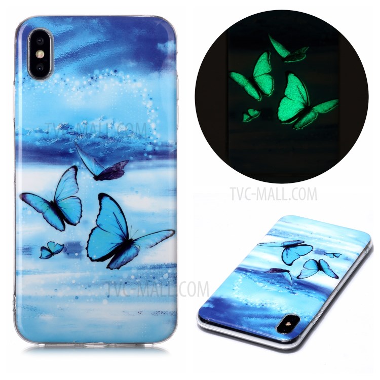 Luminous TPU Pattern Printing IMD Protetive Phone Case for Apple iPhone XS Max 6.5 inch - Blue Butterfly-1