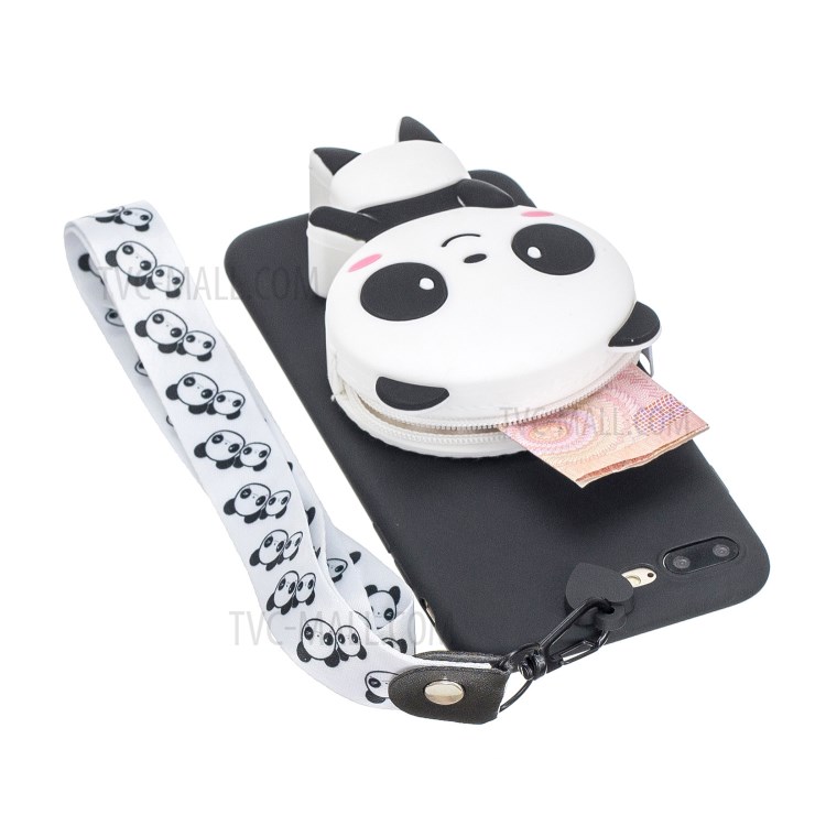 3D Cartoon Animal Shape Purse Soft Silicone TPU Phone Shell with Neck Strap for iPhone 8/7 Plus 5.5 inch - Panda/Black-2