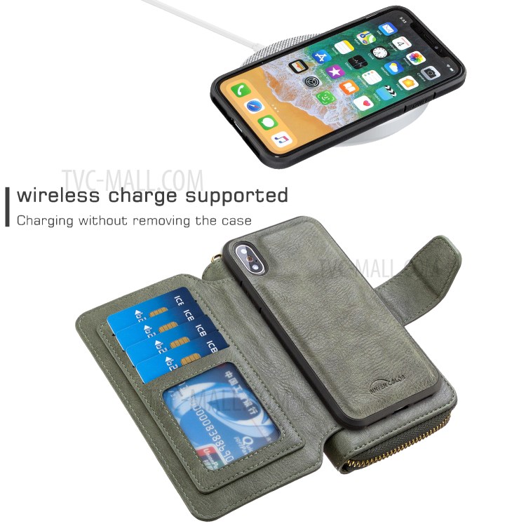 BF001 Leather Protective Shell Zip Wallet Case for iPhone X/XS 5.8 inch - Green-3