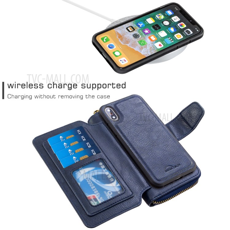 BF001 Leather Protective Shell Zip Wallet Case for iPhone X/XS 5.8 inch - Blue-3
