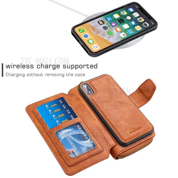 BF001 Leather Protective Shell Zip Wallet Case for iPhone X/XS 5.8 inch - Brown-3