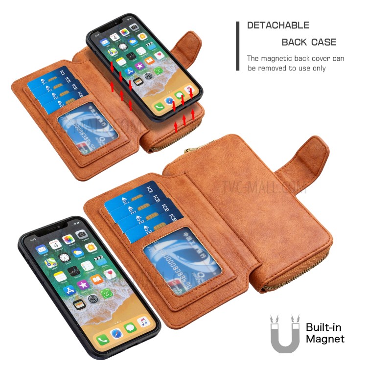 BF001 Leather Protective Shell Zip Wallet Case for iPhone X/XS 5.8 inch - Brown-4
