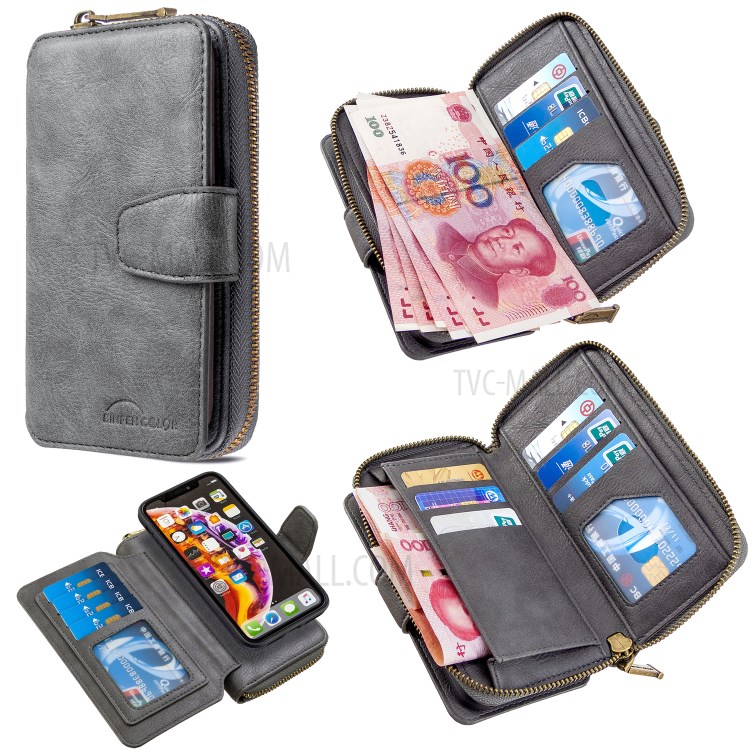Zipper Wallet Design Leather Phone Protective Cover Shell for iPhone XR 6.1-inch - Grey-1