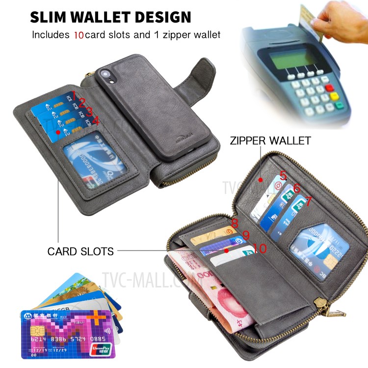 Zipper Wallet Design Leather Phone Protective Cover Shell for iPhone XR 6.1-inch - Grey-5