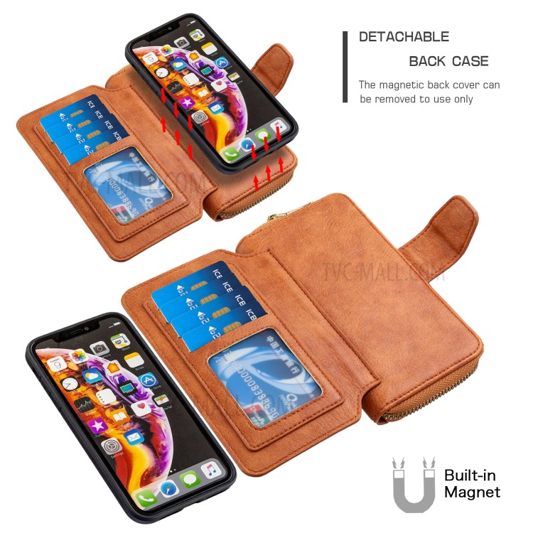 Zipper Wallet Design Leather Phone Protective Cover Shell for iPhone XR 6.1-inch - Brown-4