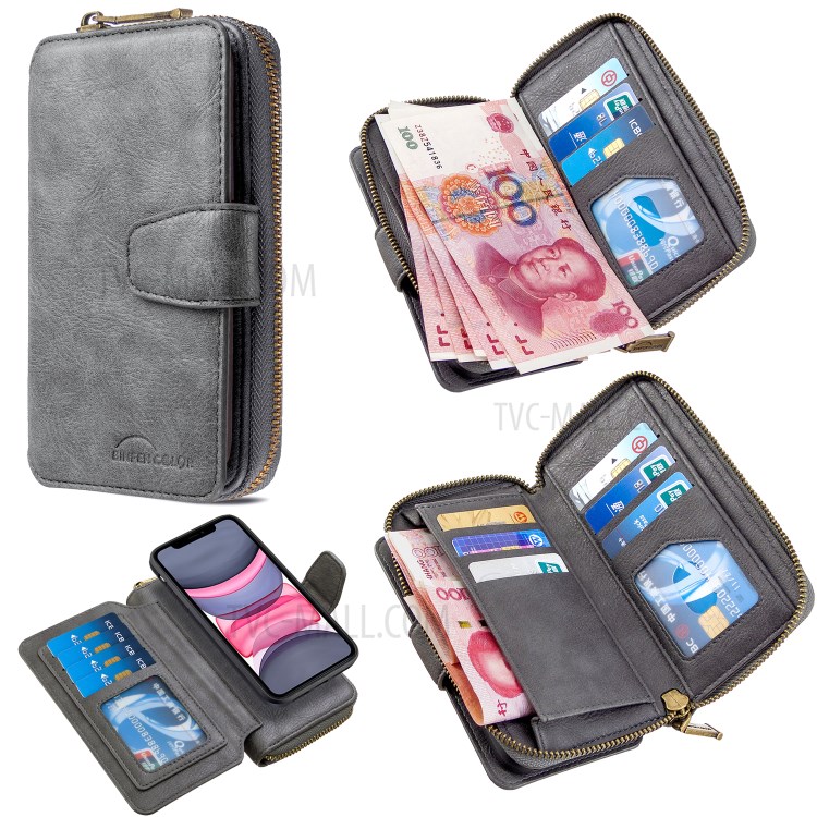 Zipper Wallet Design Leather Phone Protective Cover Shell for iPhone 11 6.1-inch - Grey-1