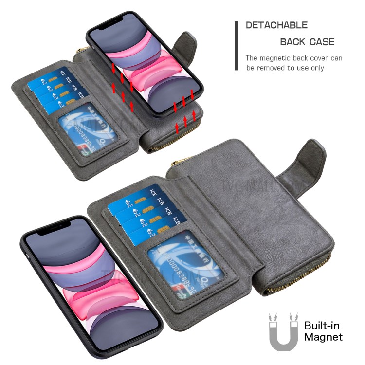 Zipper Wallet Design Leather Phone Protective Cover Shell for iPhone 11 6.1-inch - Grey-4