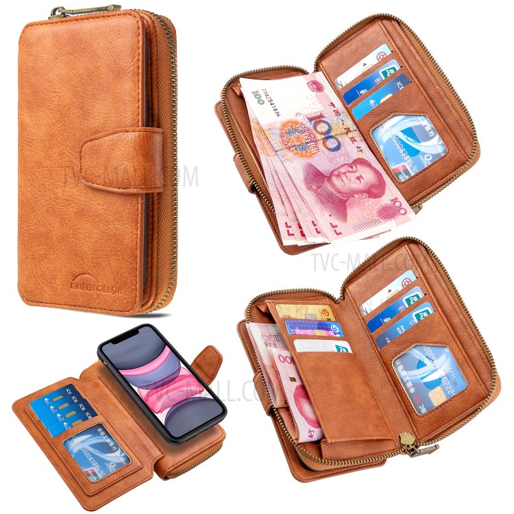Zipper Wallet Design Leather Phone Protective Cover Shell for iPhone 11 6.1-inch - Brown-1