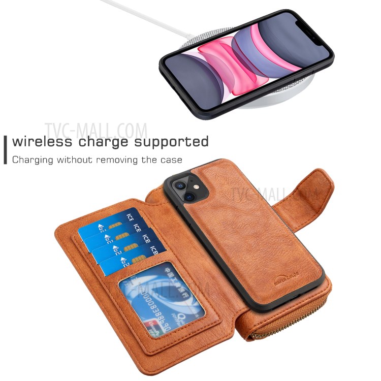 Zipper Wallet Design Leather Phone Protective Cover Shell for iPhone 11 6.1-inch - Brown-3
