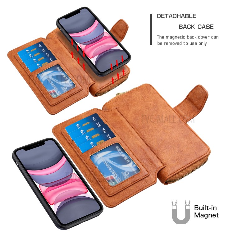 Zipper Wallet Design Leather Phone Protective Cover Shell for iPhone 11 6.1-inch - Brown-4