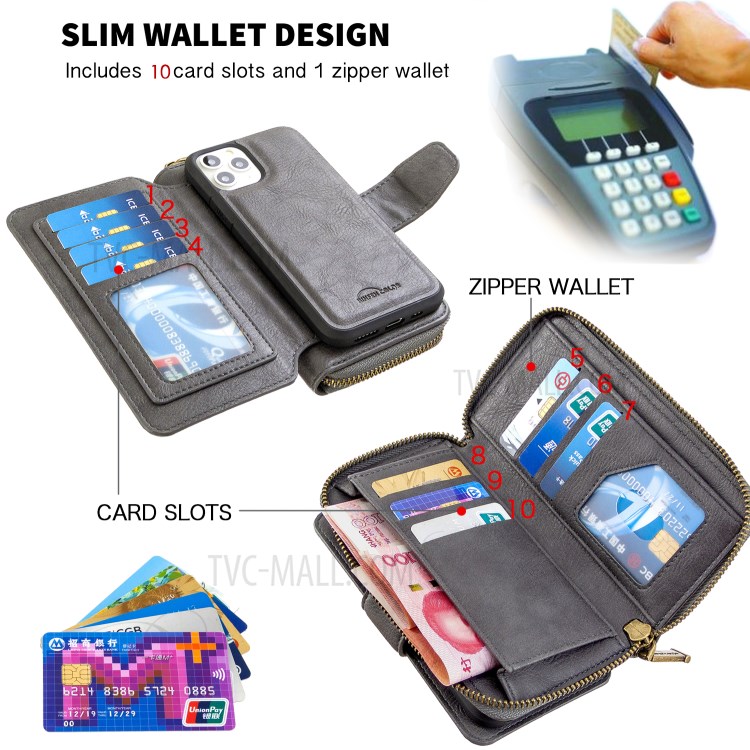 Zipper Wallet Design Leather Phone Protective Cover Shell for iPhone 11 Pro Max 6.5-inch - Grey-5