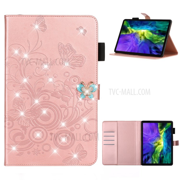 Imprint Flower Butterfly Rhinestone Decor Wallet Leather Tablet Shell for iPad Pro 11-inch (2020)/(2018) - Rose Gold-1