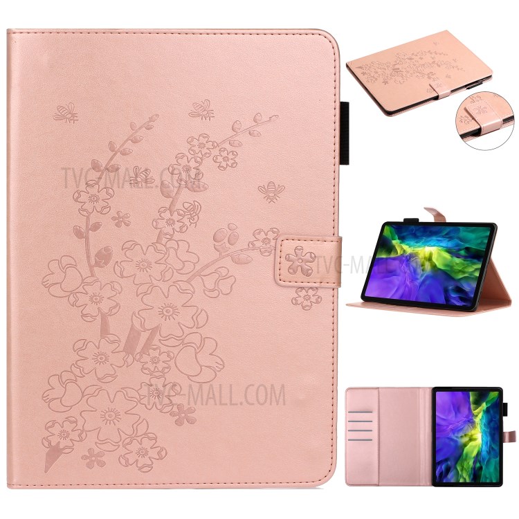 Imprint Plum Blossom Leather Wallet Stand Tablet Case for iPad Pro 11-inch (2020)/(2018) - Rose Gold-1