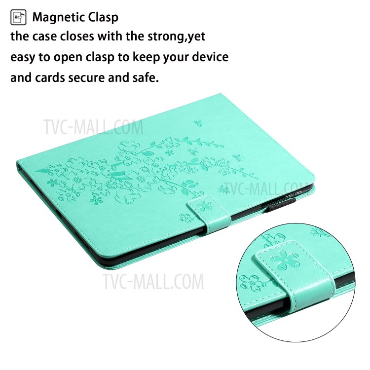 Imprint Plum Blossom Leather Wallet Stand Tablet Case for iPad Pro 11-inch (2020)/(2018) - Cyan-5