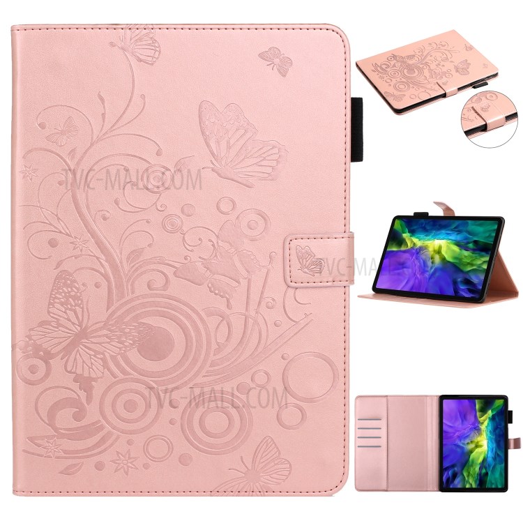 Imprint Butterfly Flower Leather Wallet Tablet Cover for iPad Pro 11-inch (2020)/(2018) - Rose Gold-1