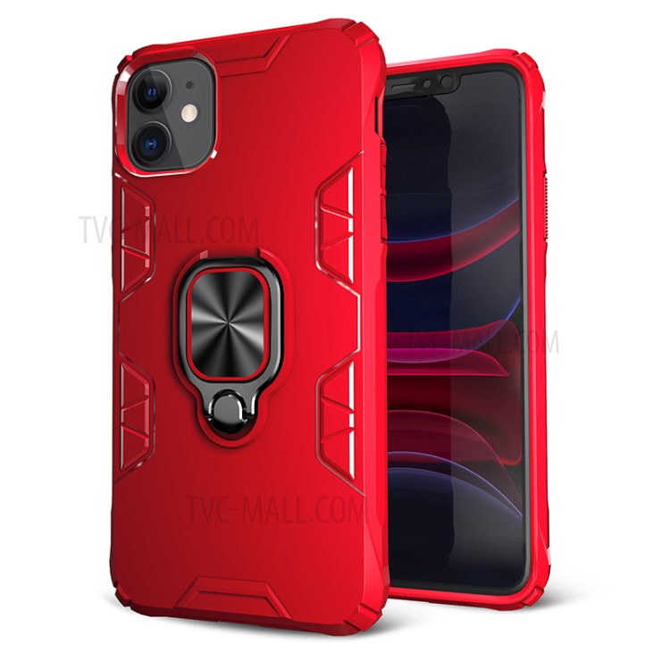 Finger Ring Kickstand TPU+PC Durable Case with Magnetic Metal Sheet for iPhone 11 6.1 inch - Red / Black