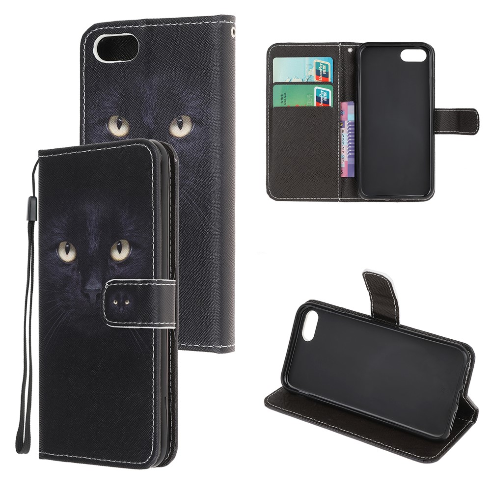 Newly Cross Texture Patterned Leather Wallet Cover with Strap for iPhone 7/8/SE (2nd Generation) - Cat Eyes-1